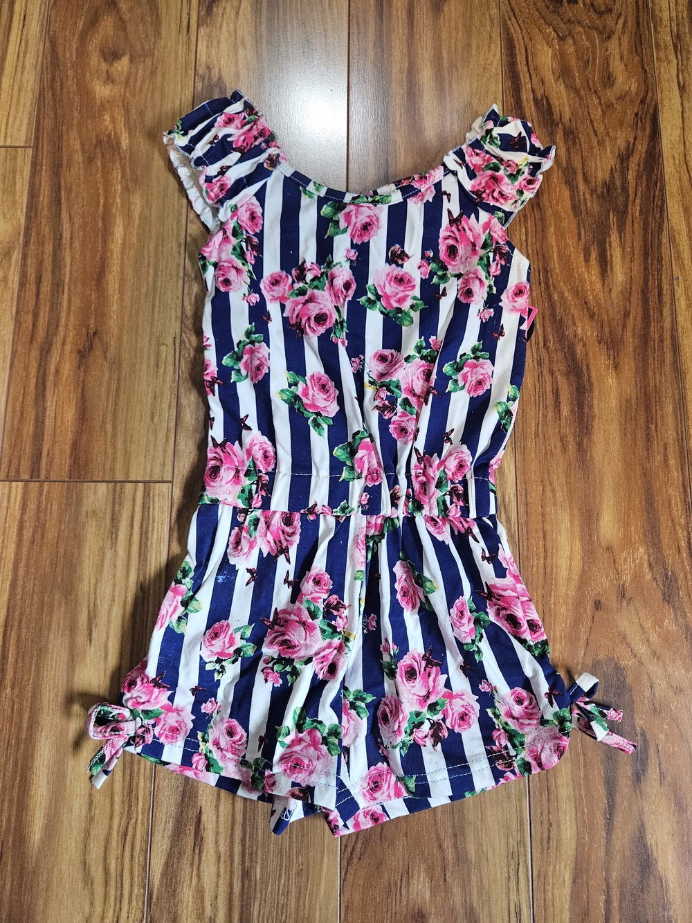 Girls Navy Stripe & Pink Floral Romper
